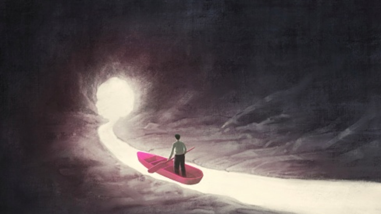 Hope concept. Man paddle red boat to light in cave. illustration. fantasy oil painting