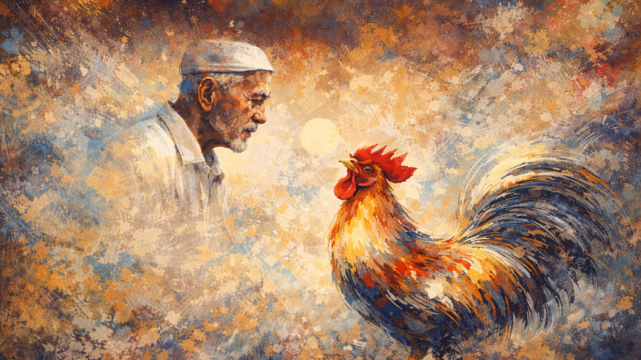 Man and rooster in quiet exchange